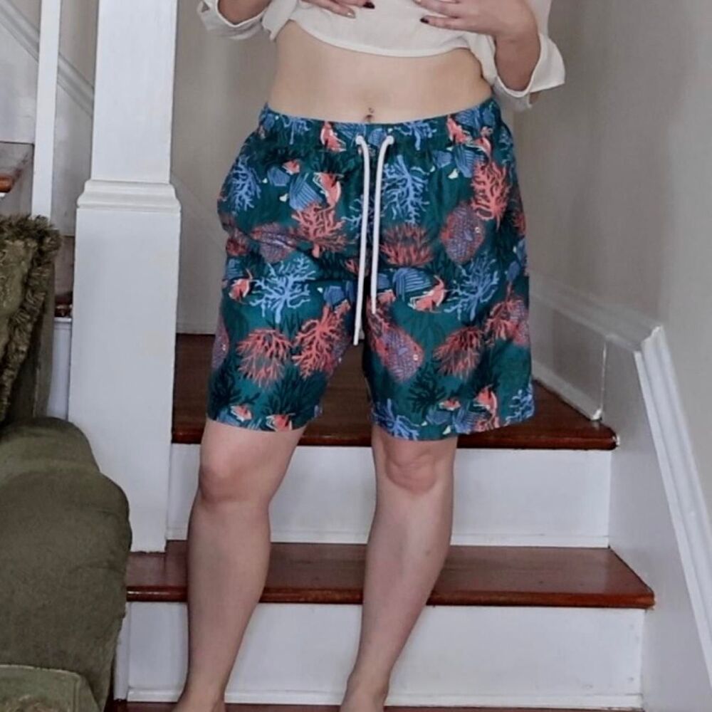 Teal Swim Shorts Fish Coral Reef Sz L Drawstring Bathing Trunks Tropical